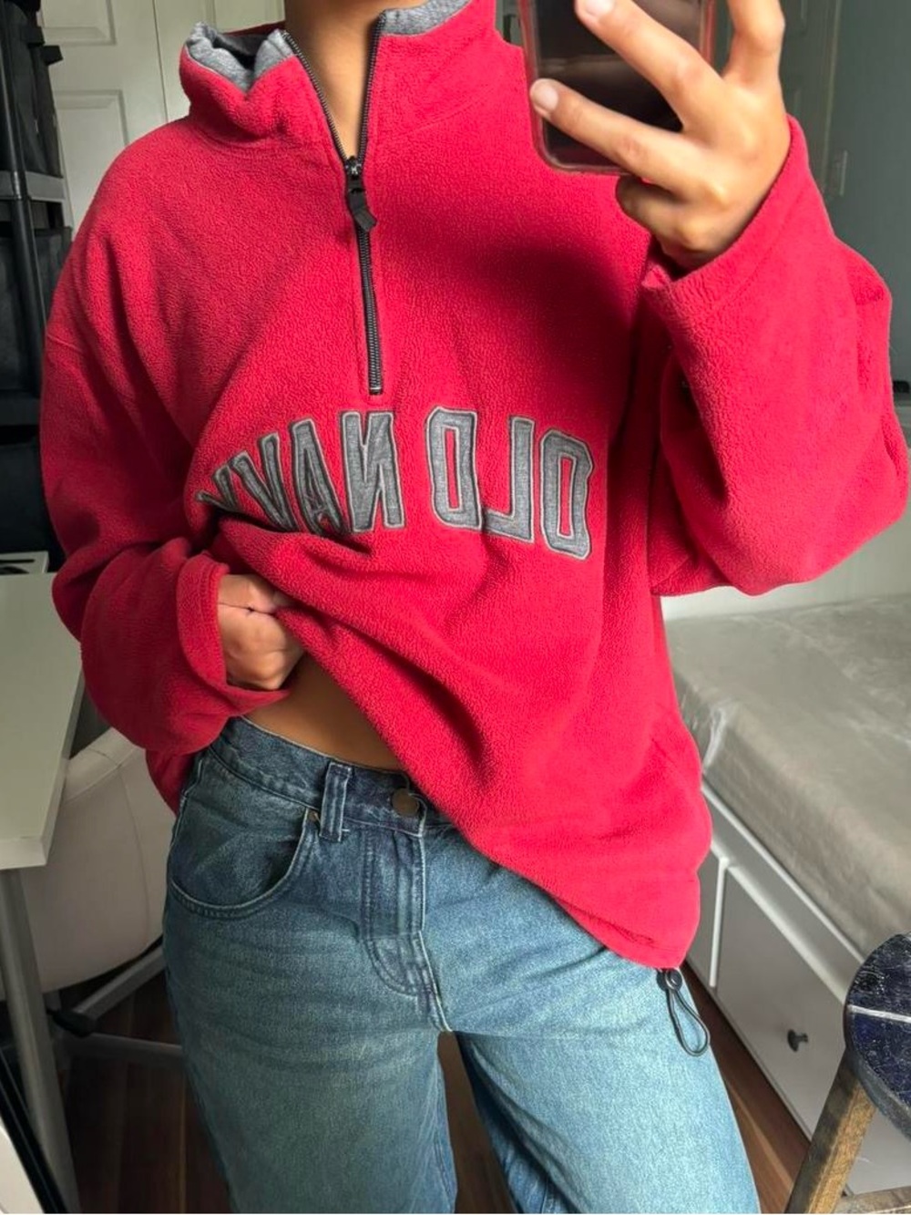 Old Navy Red Half-Zip Fleece Pullover with Gray Trim
